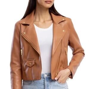 [Blank NYC] Camel Brown Vegan Faux Leather Full Zip Moto Biker Jacket Sz Large L